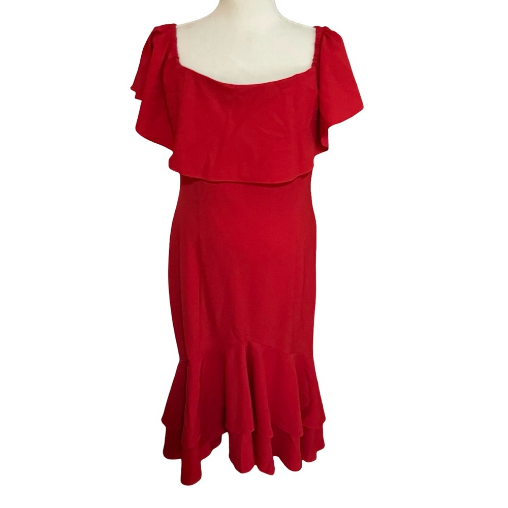 Boston Proper Red Midi Dress Size 12 on off shoulder ruffles spandex stretch - Picture 4 of 16